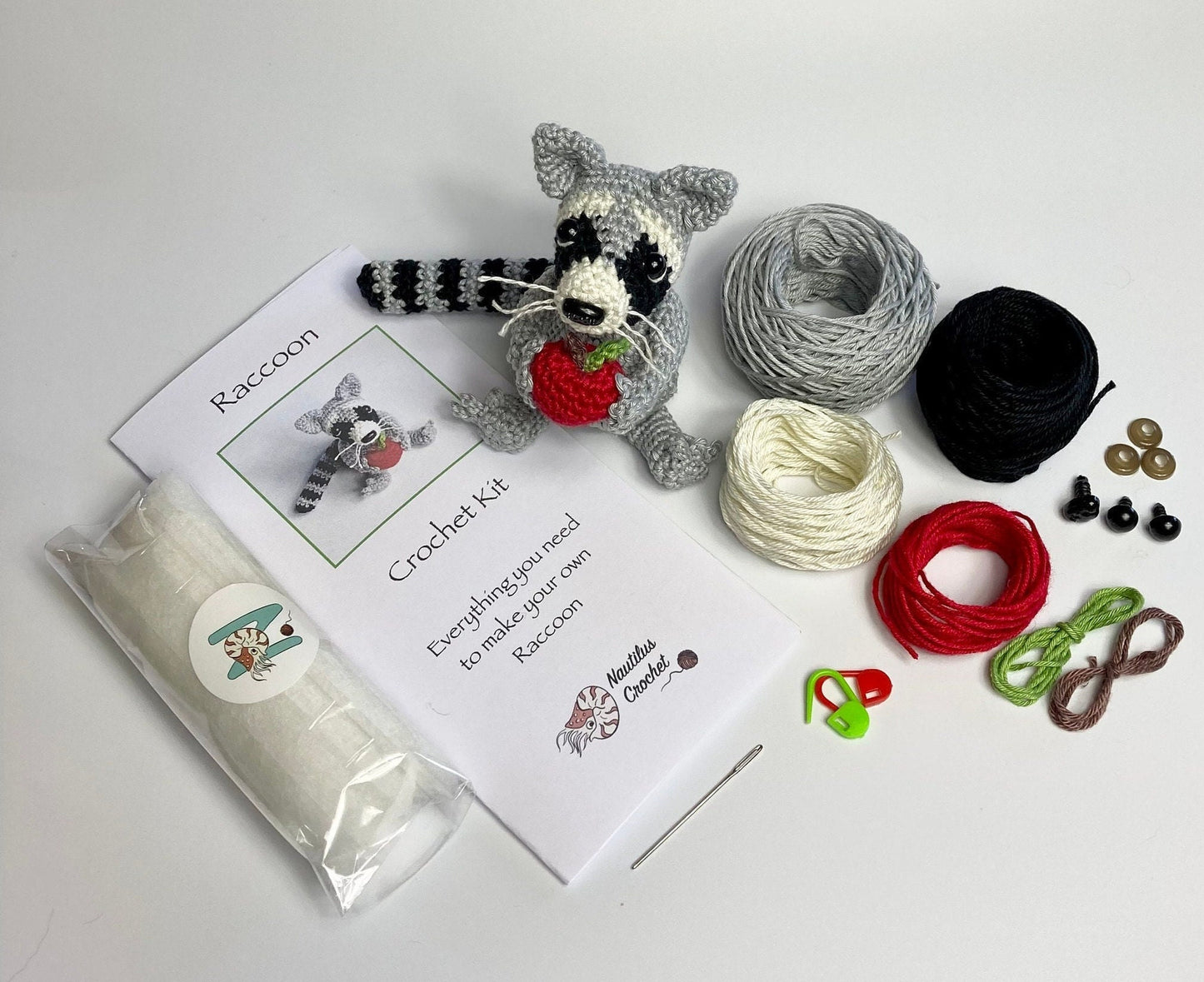 Ringo Raccoon Crochet Kit. Everything you need to crochet this cute baby raccoon. Full step by step instructions, luxury yarns, accessories.