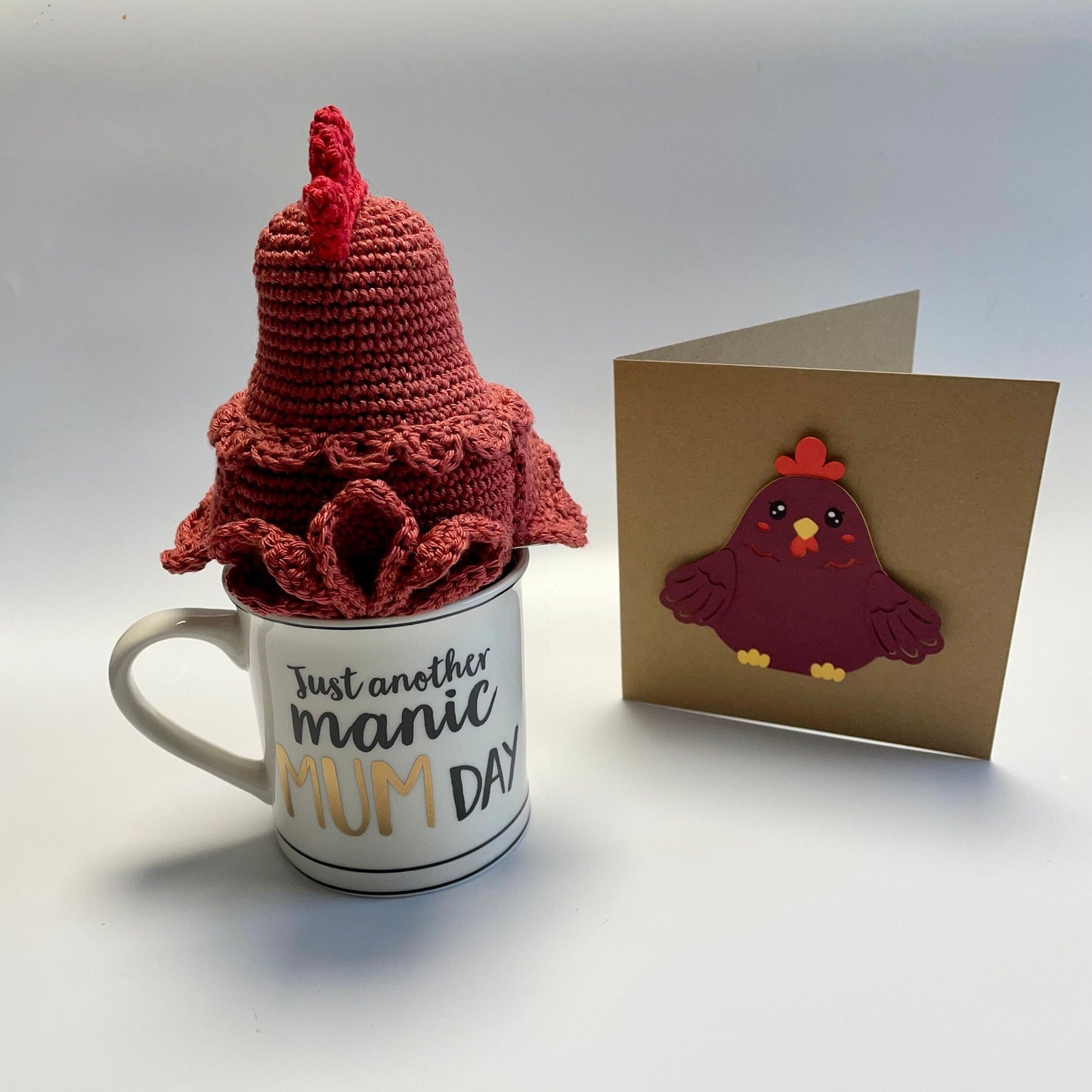 Whimsical Mother Hen Amigurumi Crochet Kit, Sass & Belle Manic Mum Day China Mug plus Handmade Card. Perfect for Gifting!