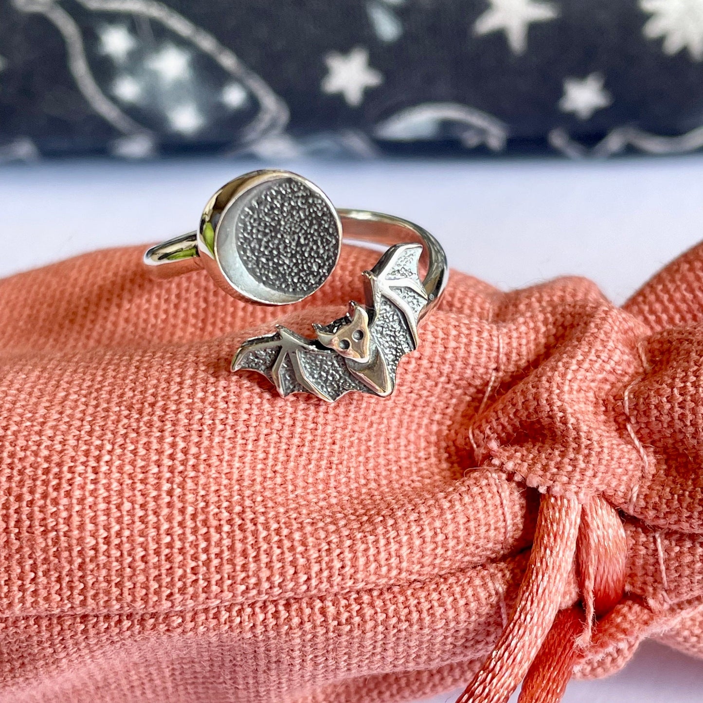 Bat & Moon crochet ring.