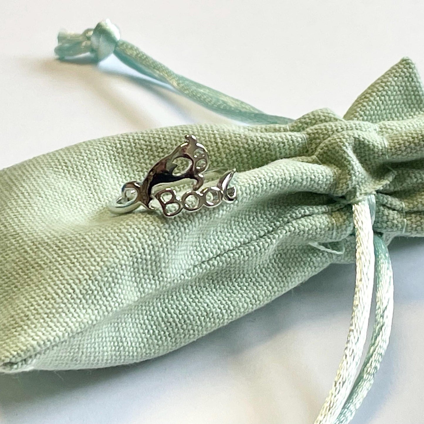 Tiny Ghost Silver Plated Crochet Ring. Adjustable size for crochet tension and comfort. Boo!