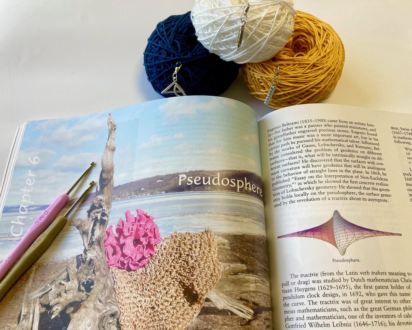 Science Crochet Gift. Kit includes Hyperbolic Planes Crochet Book, Luxury British Yarn, Crochet Hooks & 3 Super Cute Sciencey Stitch Markers