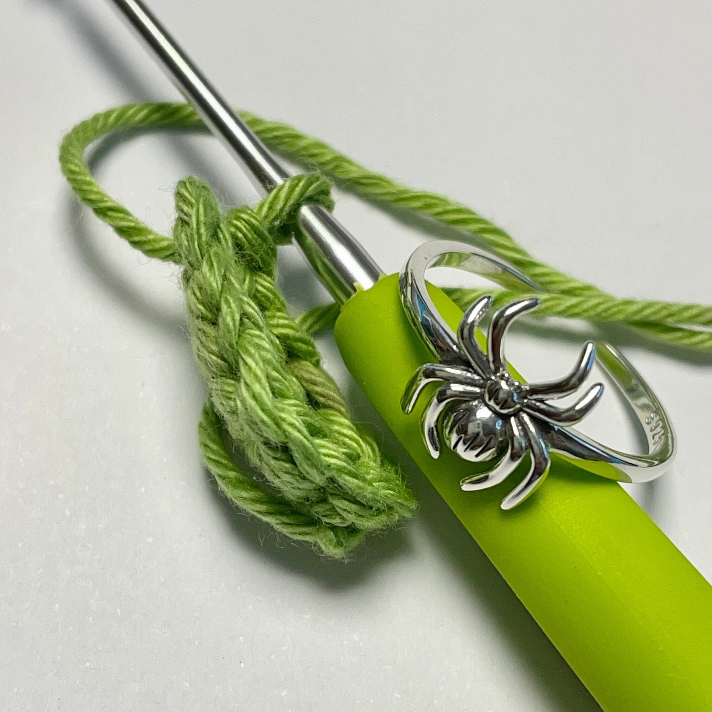 Spider Sterling Silver Crochet Ring. Adjustable for crochet tension and comfort.