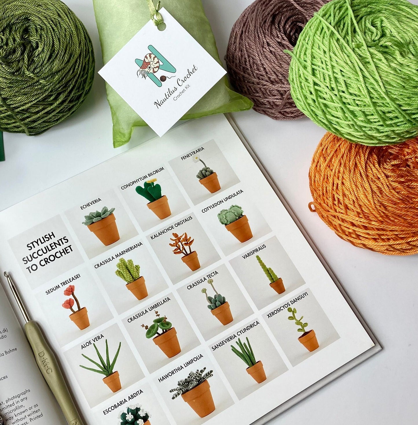 Crocheted Succulents Kit. Book, luxury yarn, crochet hook, cactus stitch marker & accessories. Make the cutest desk buddies!