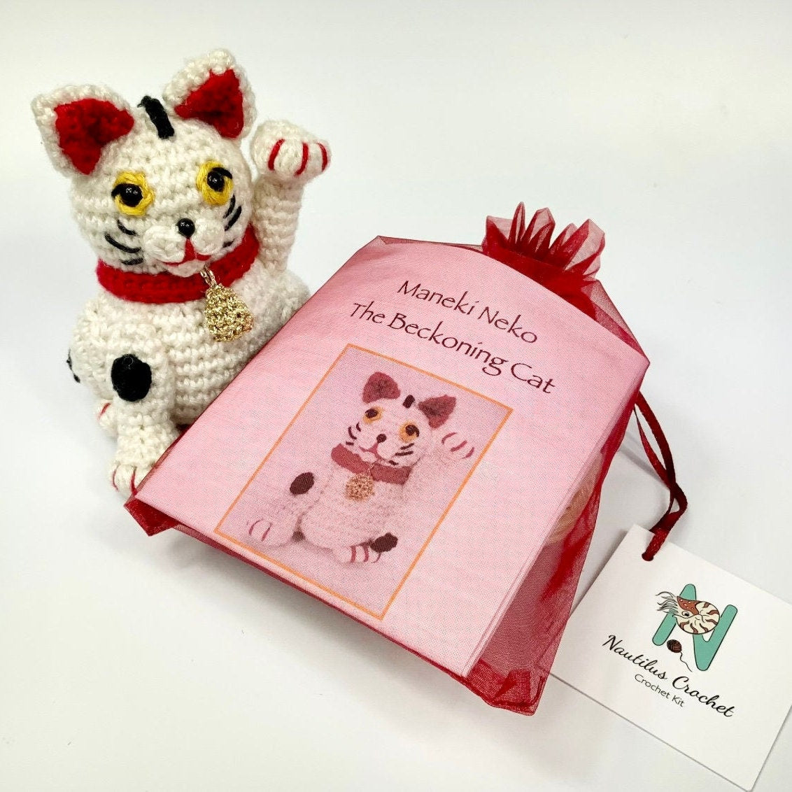 Maneki Neko the Japanese Beckoning Cat Amigurumi Crochet Kit. A complete kit with luxury, natural yarns.
