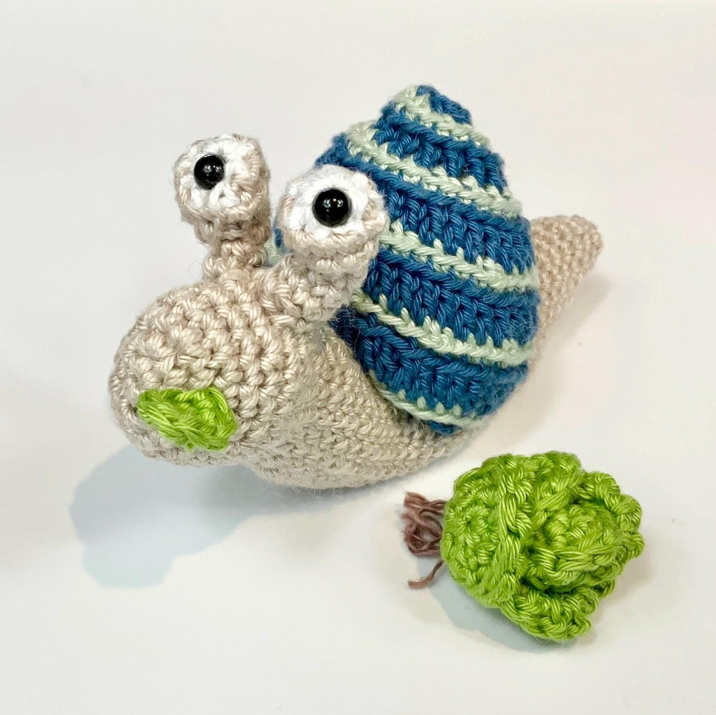 Snail’s Salad! Snail & Salad Complete Crochet Kit. Luxury British yarns, step by step instructions, cute snail stitch marker.