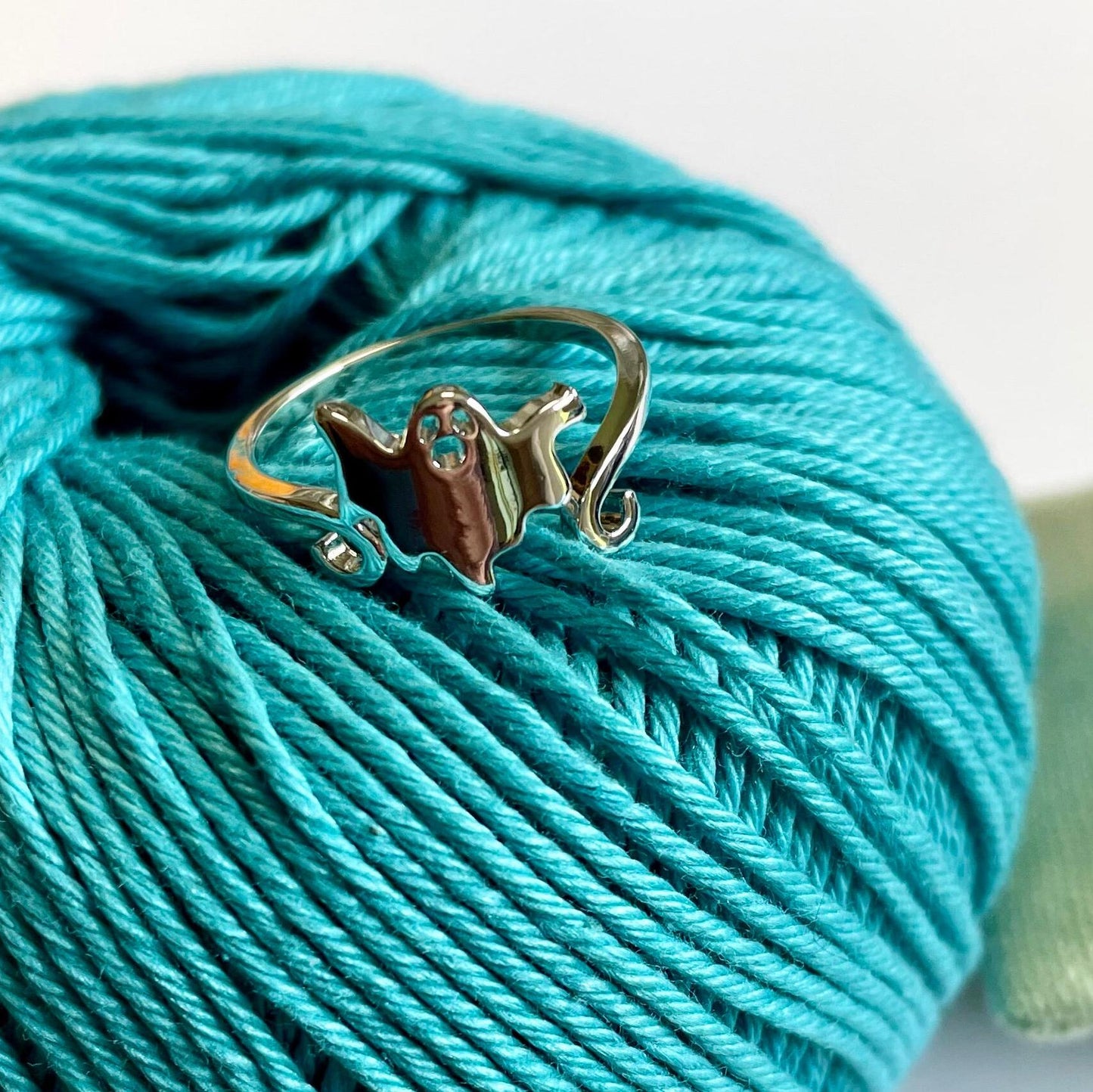 Tiny floating Ghost Silver Plated Crochet Ring. Adjustable size for crochet tension and comfort.