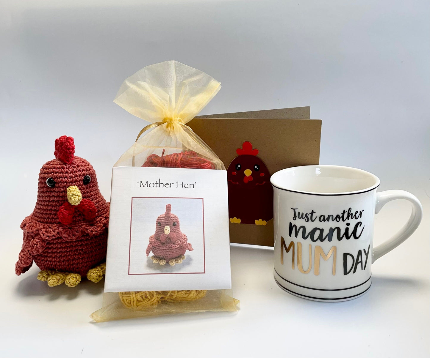 Whimsical Mother Hen Amigurumi Crochet Kit, Sass & Belle Manic Mum Day China Mug plus Handmade Card. Perfect for Gifting!