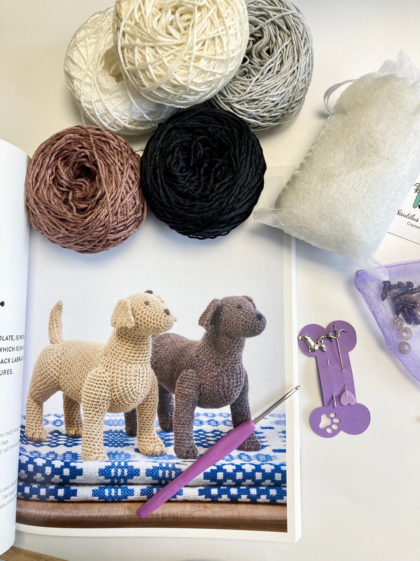 Dog Crochet Kit. Complete kit including Instruction Book of 10 Dog Breed Designs, Our Cotton Yarn, Crochet Hook & Dachshund Stitch Marker .