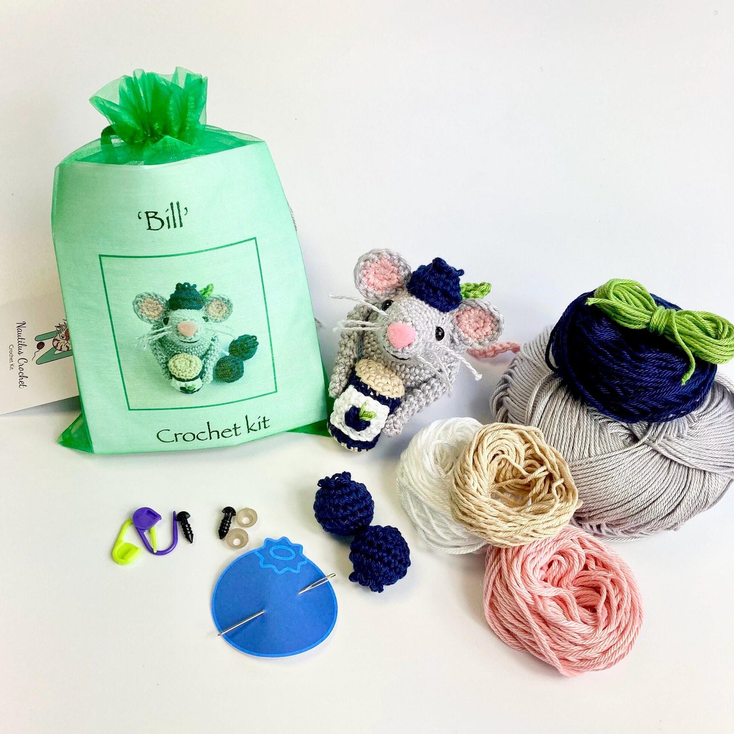 Bill, the Blueberry Mouse! Complete Amigurumi Crochet Kit with luxury natural yarn for beginners up. Featuring luxury British yarns.