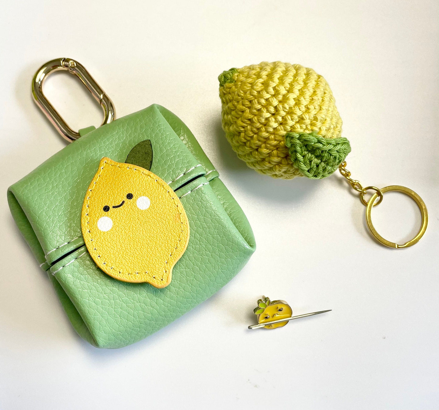 Lemon Amigurumi Crochet Keyring Kit / Bag Charm Kit. Contains Keyring Kit, Magnetic Needle Keeper & Vegan Leather Pouch.