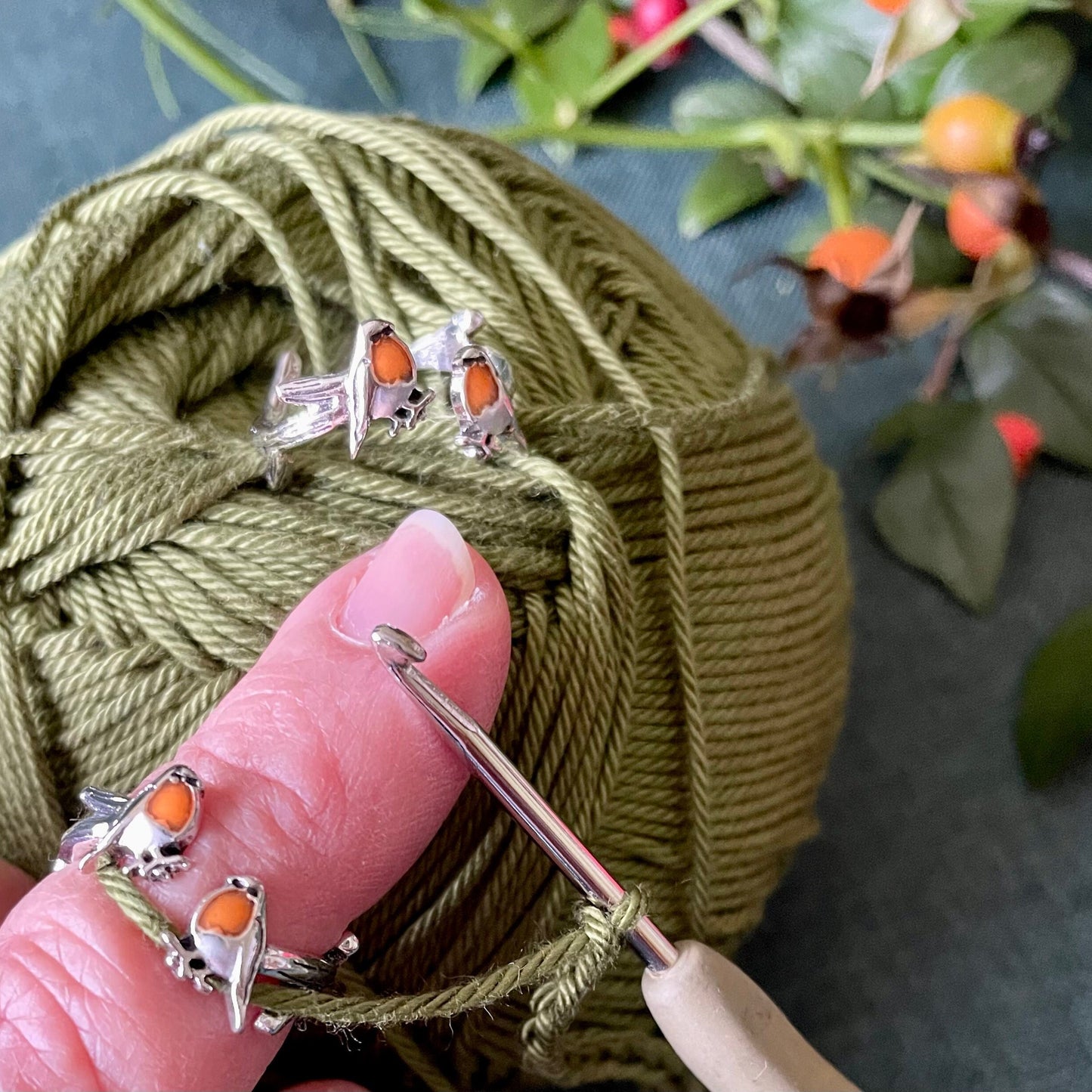 Robin Crochet Ring. This adorable ring features 2 robins perched on a gnarled branch. Silver plated & Size Adjustable. For Crochet Tension.