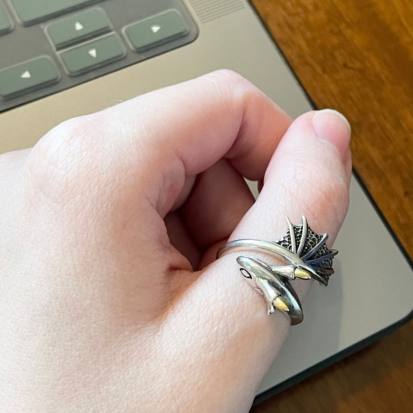 Dragon Crochet Ring in Sterling Silver. The cutest little dragon features in this silver, adjustable ring for crochet tension and comfort.