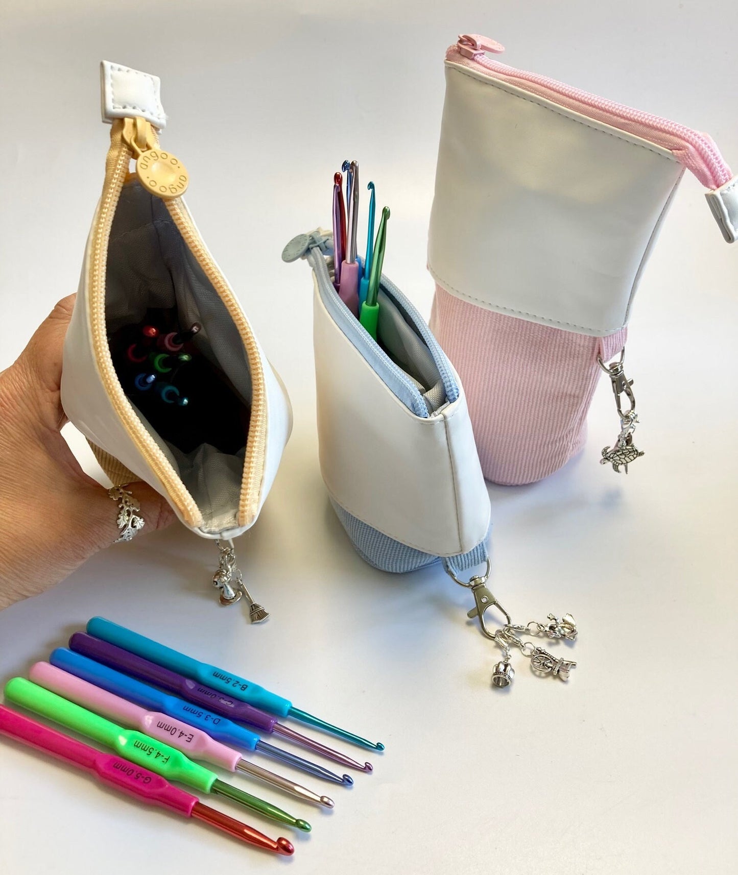 Crochet Case. Telescopic case, corduroy in a choice of 4 pastel colours.