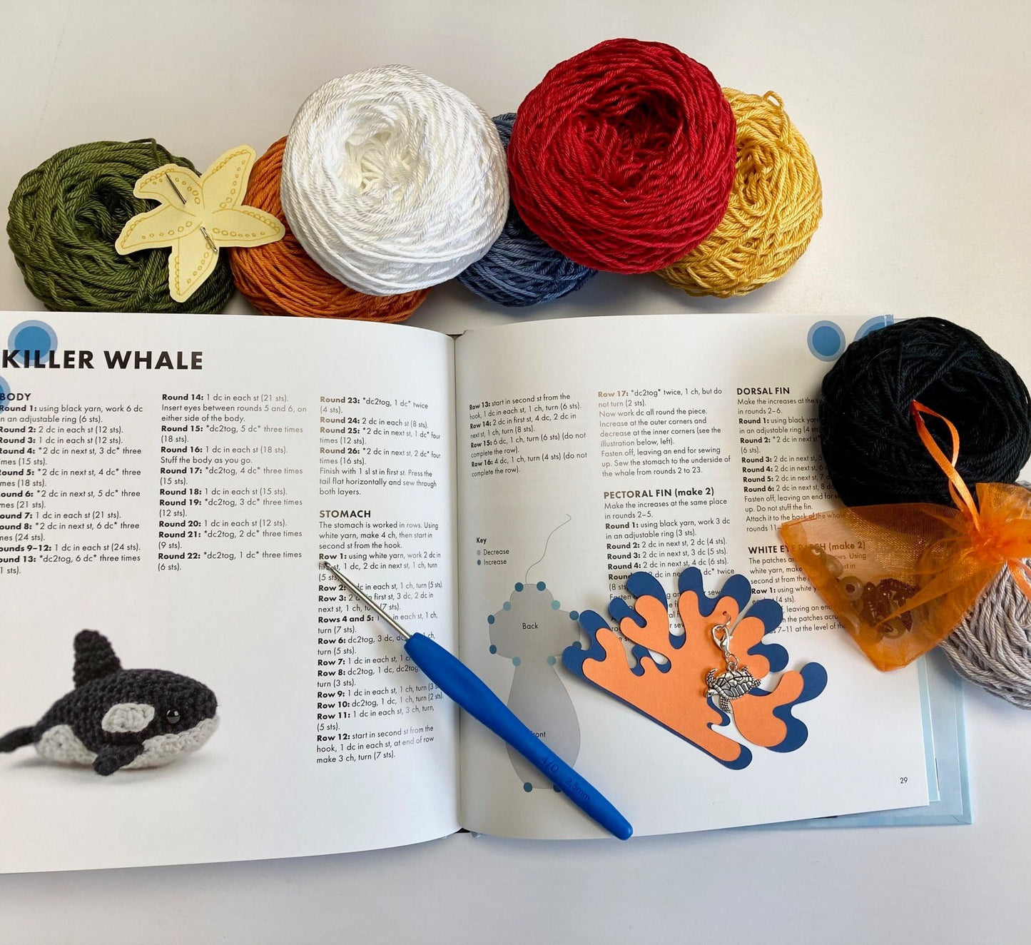 Crocheted Ocean Kit. Book, luxury yarn, crochet hook, turtle stitch marker & accessories. Make the cutest sea creature buddies!
