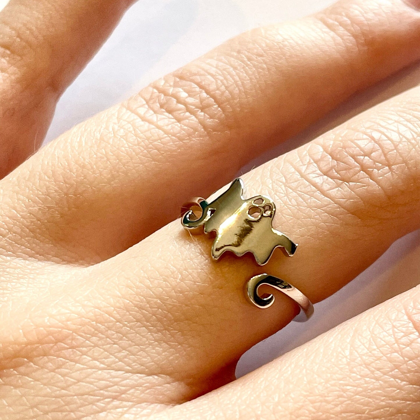 Tiny floating Ghost Silver Plated Crochet Ring. Adjustable size for crochet tension and comfort.