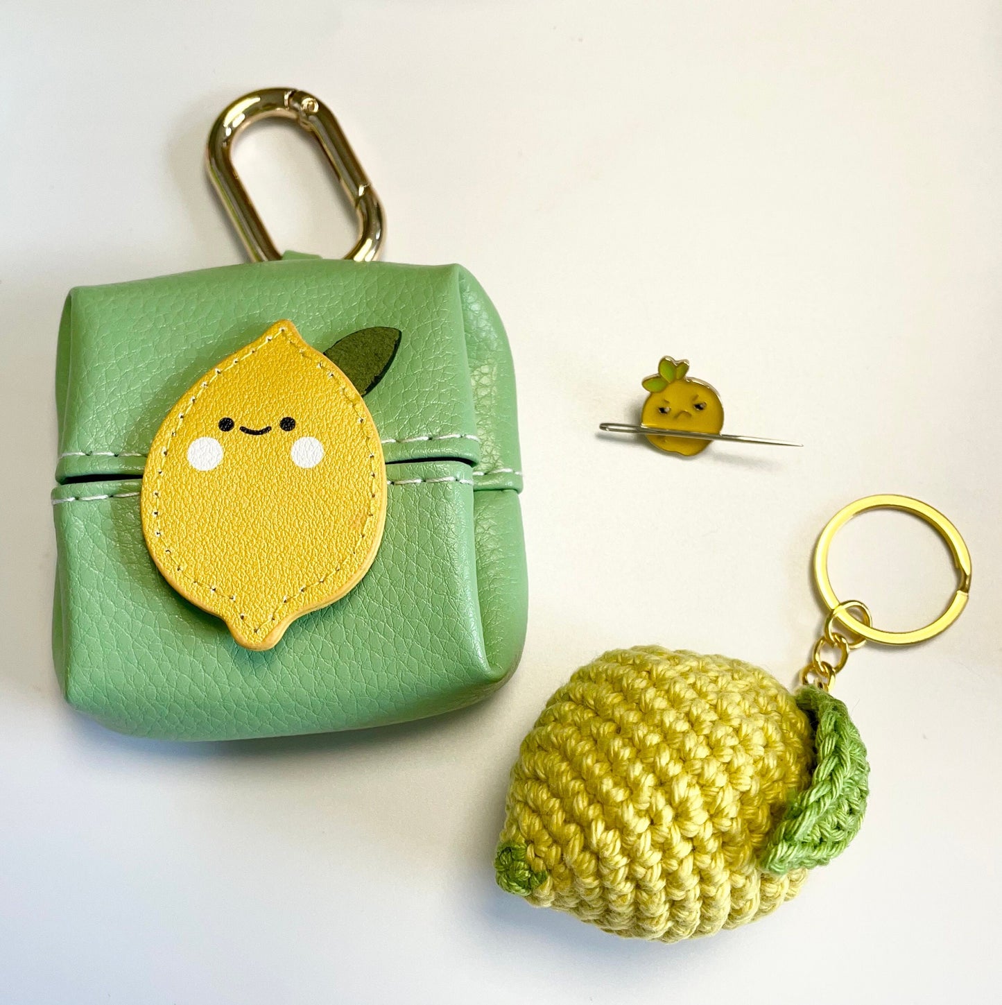 Lemon Amigurumi Crochet Keyring Kit / Bag Charm Kit. Contains Keyring Kit, Magnetic Needle Keeper & Vegan Leather Pouch.