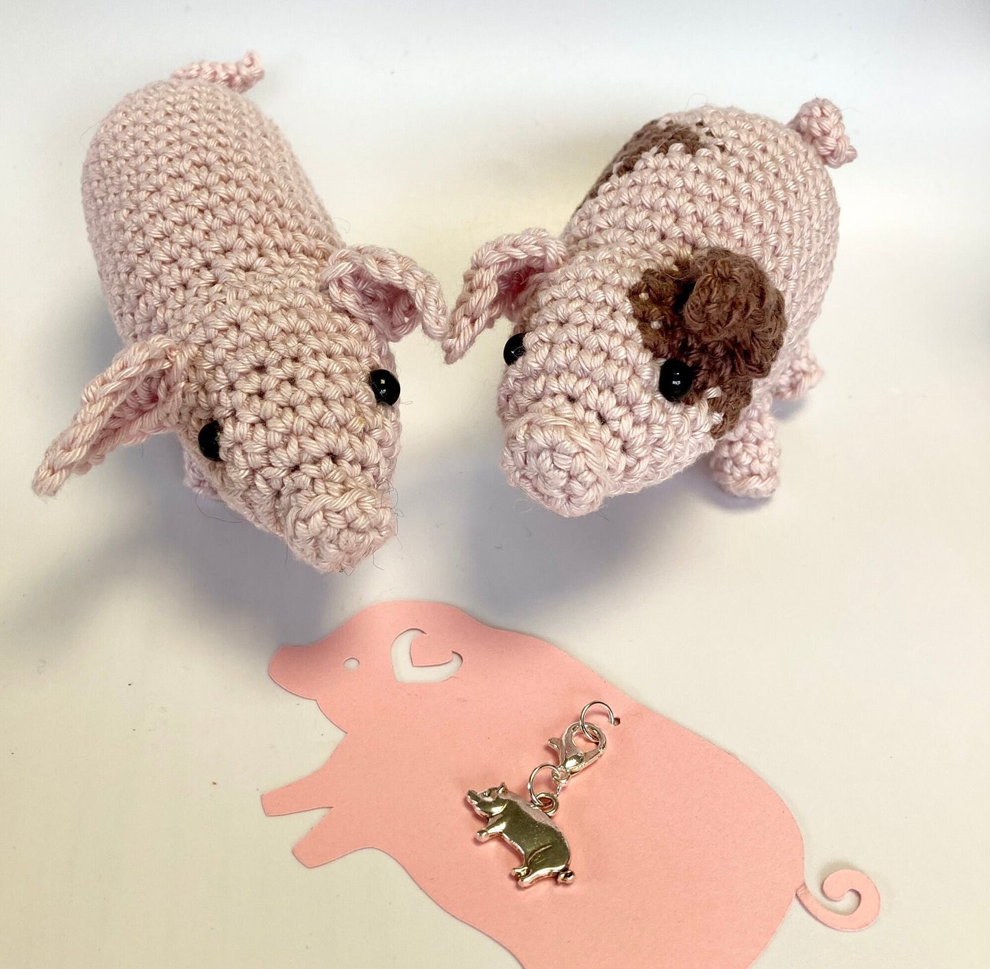 Piglets Crochet Kit. A complete kit for you to crochet a pair of the cutest piglets in luxury Natural British yarn. Mini pig stitch marker.
