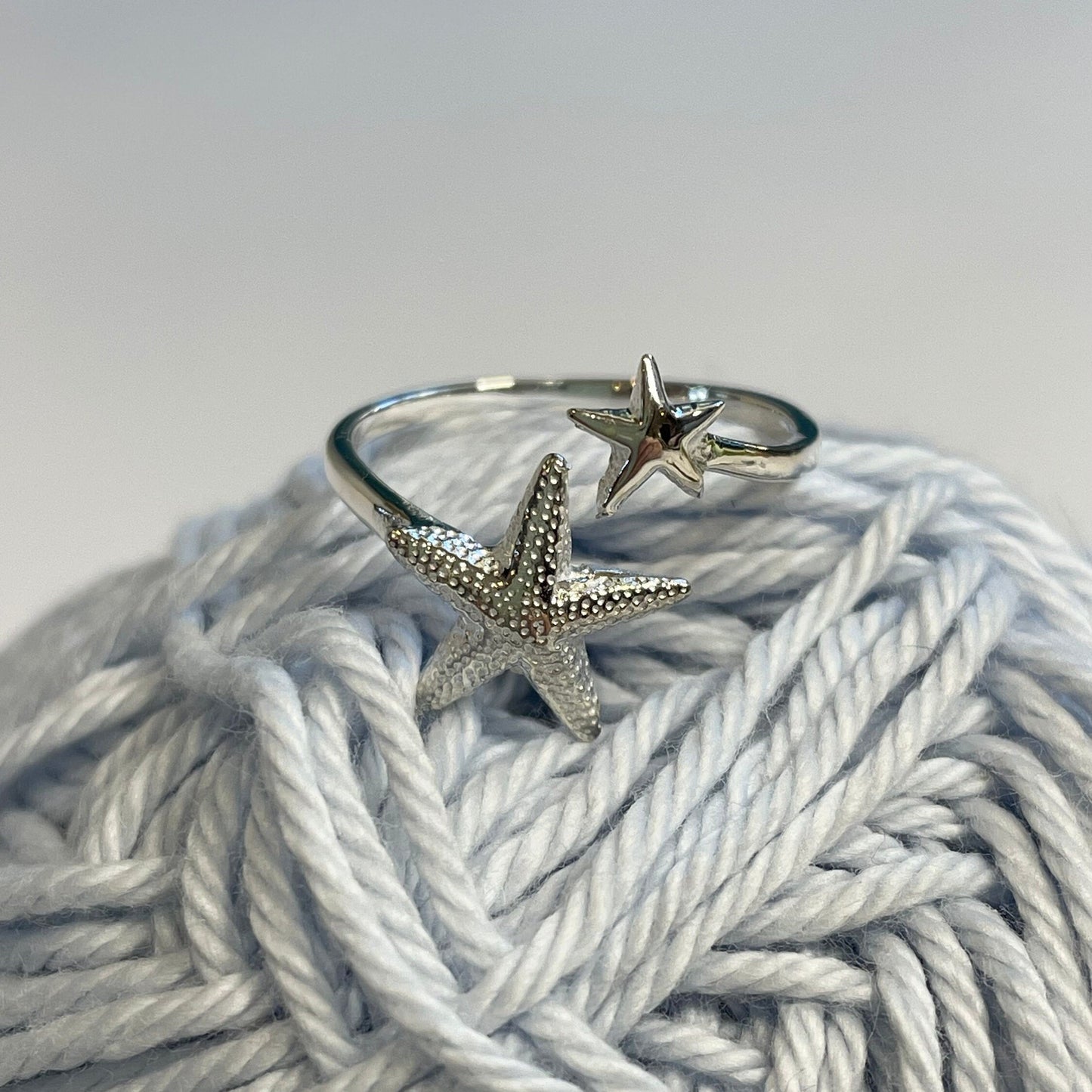 Handmade 'Starfish' Sterling Silver Crochet Ring. Adjustable for crochet tension and comfort. Handmade in Silver for Nautilus Crochet.