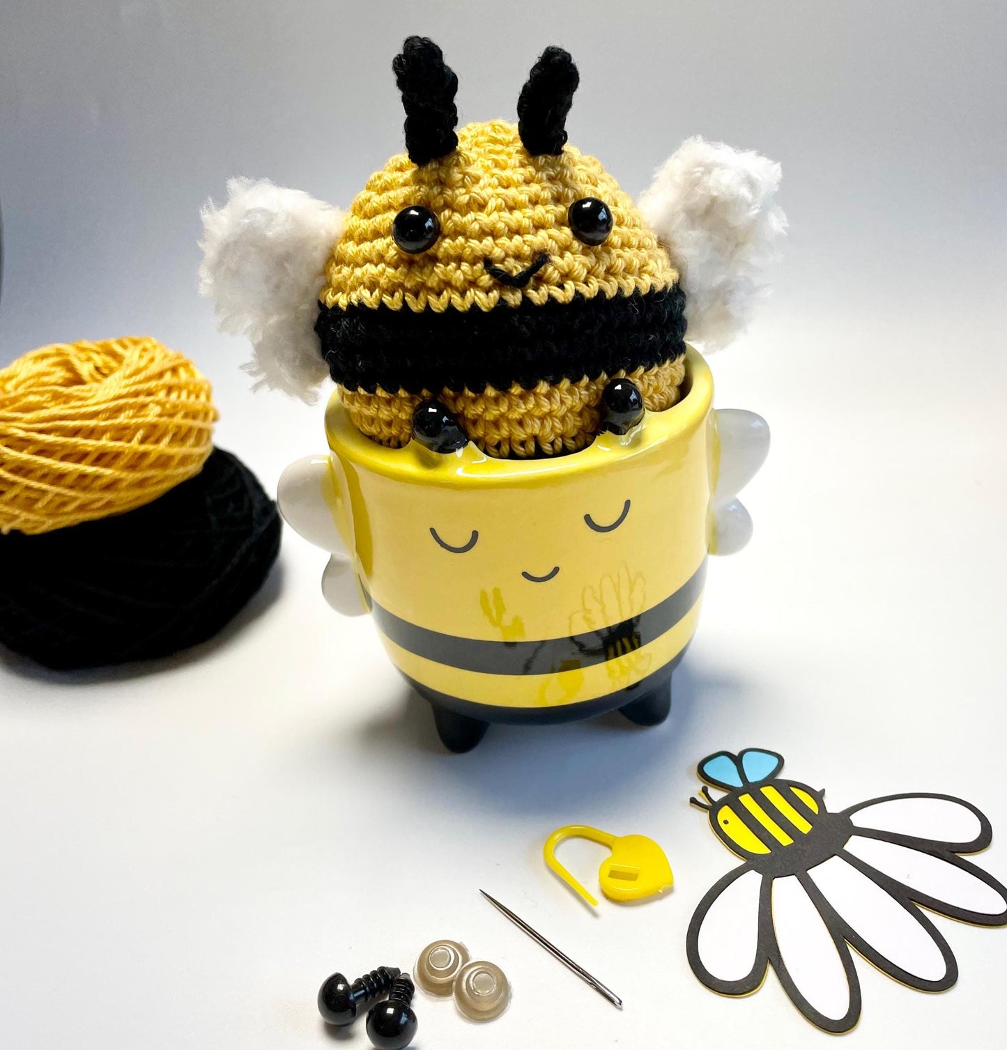 Bee-Loved Bee Crochet Kit & Planter Set. Including luxury British yarns, step by step Instructions, and Bee-utiful Sass and Belle Planter.
