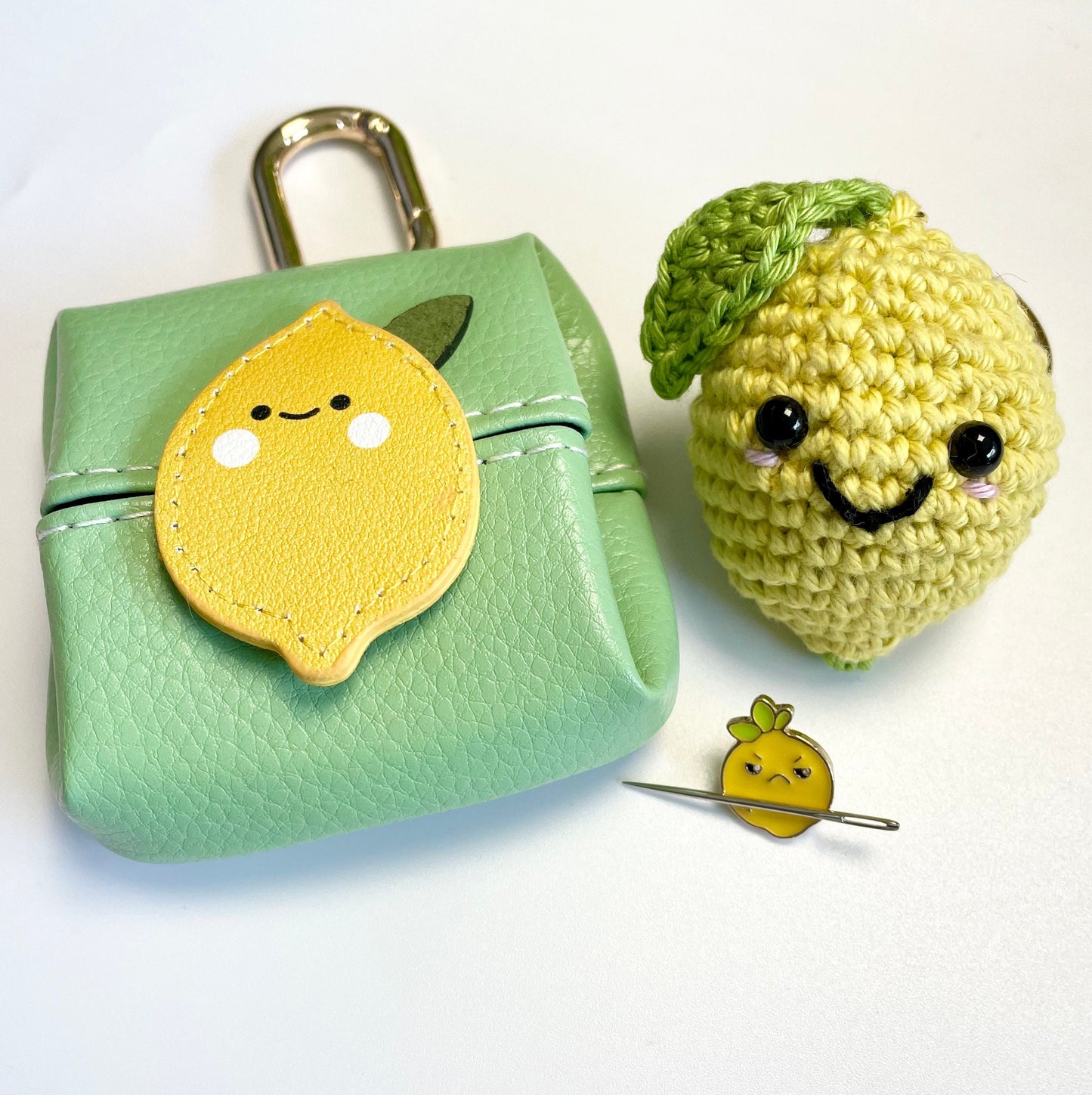 Lemon Amigurumi Crochet Keyring Kit / Bag Charm Kit. Contains Keyring Kit, Magnetic Needle Keeper & Vegan Leather Pouch.