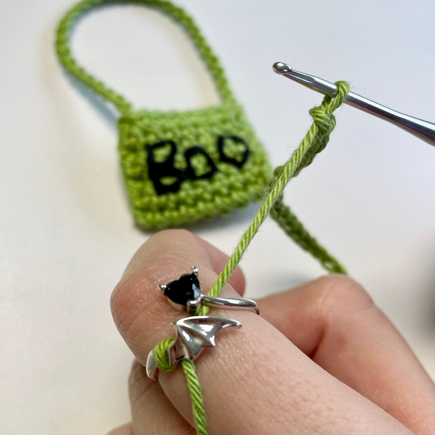 Demon Crochet Ring. The cutest little Demon ring in 925 Sterling Silver with Black Zircon Heart. Perfect for Halloween Gifting!