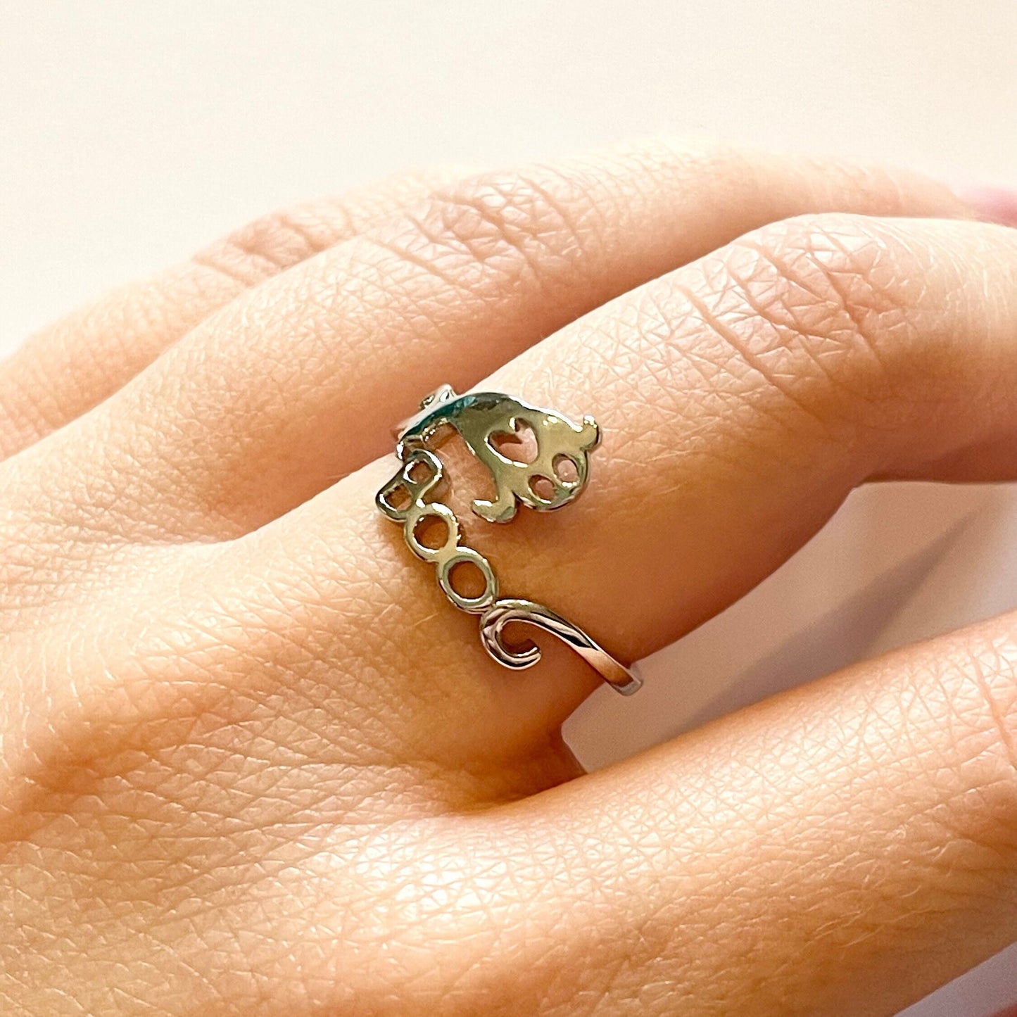 Tiny Ghost Silver Plated Crochet Ring. Adjustable size for crochet tension and comfort. Boo!