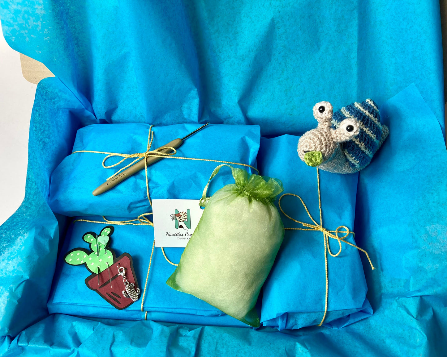 Crocheted Succulents Kit. Book, luxury yarn, crochet hook, cactus stitch marker & accessories. Make the cutest desk buddies!