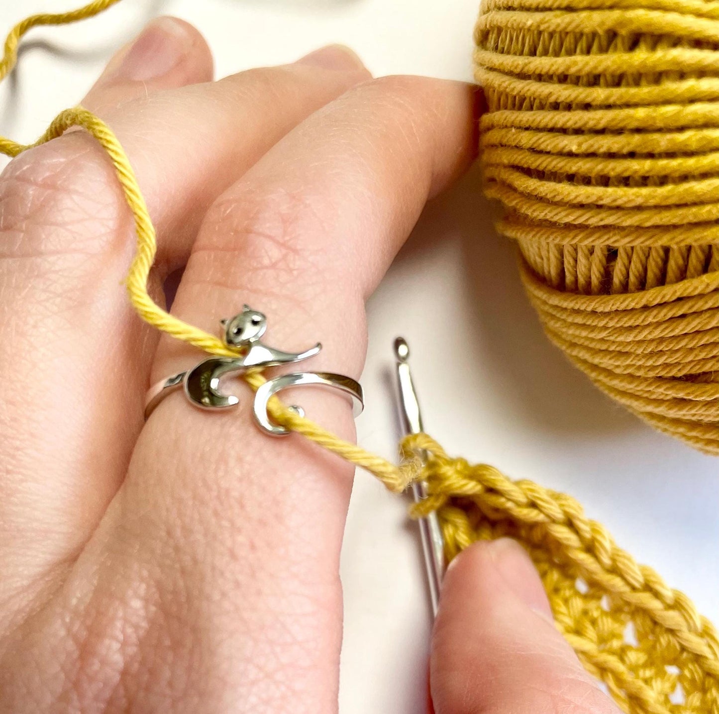 Bewitched Cat Sterling Silver Crochet Ring. Lovely delicate cat ring in cuff style. Adjustable size for crochet tension and comfort.