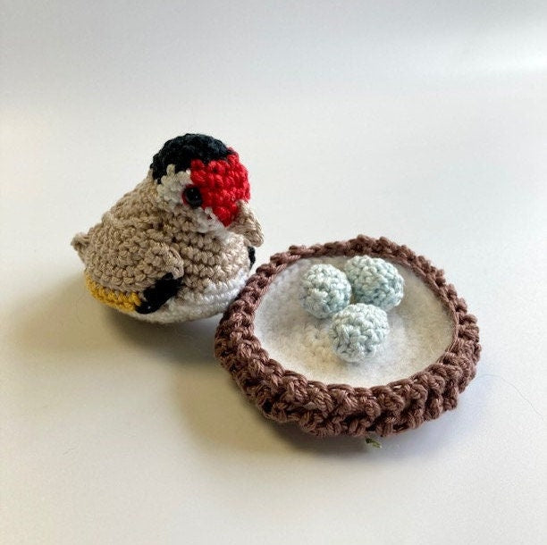 Goldfinch & Nest Crochet Kit. A Complete Kit with step by step instructions. Featuring Luxury British Yarns and a sweet bird Stitch Marker.