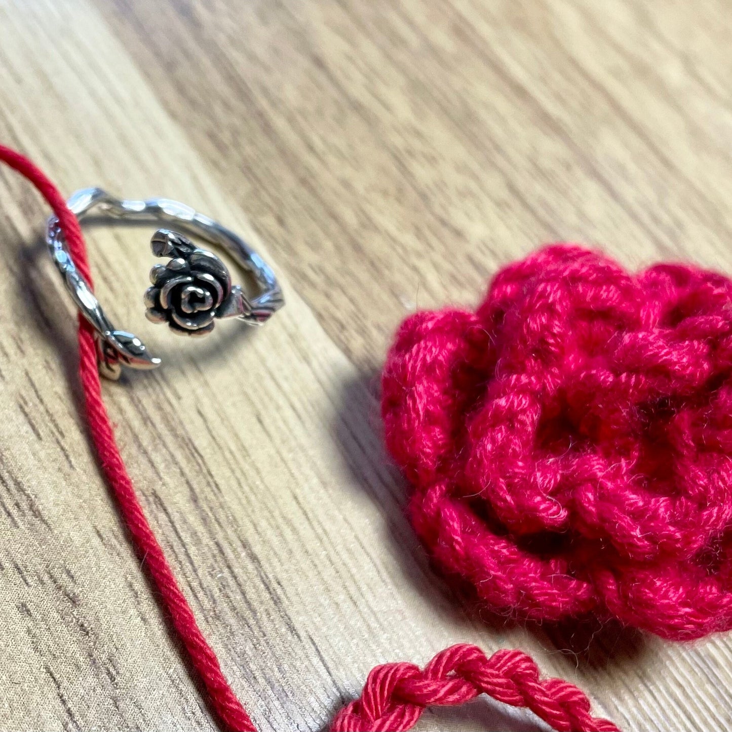 Briar Rose Silver Plated Crochet Ring. Adjustable size for crochet tension and comfort.