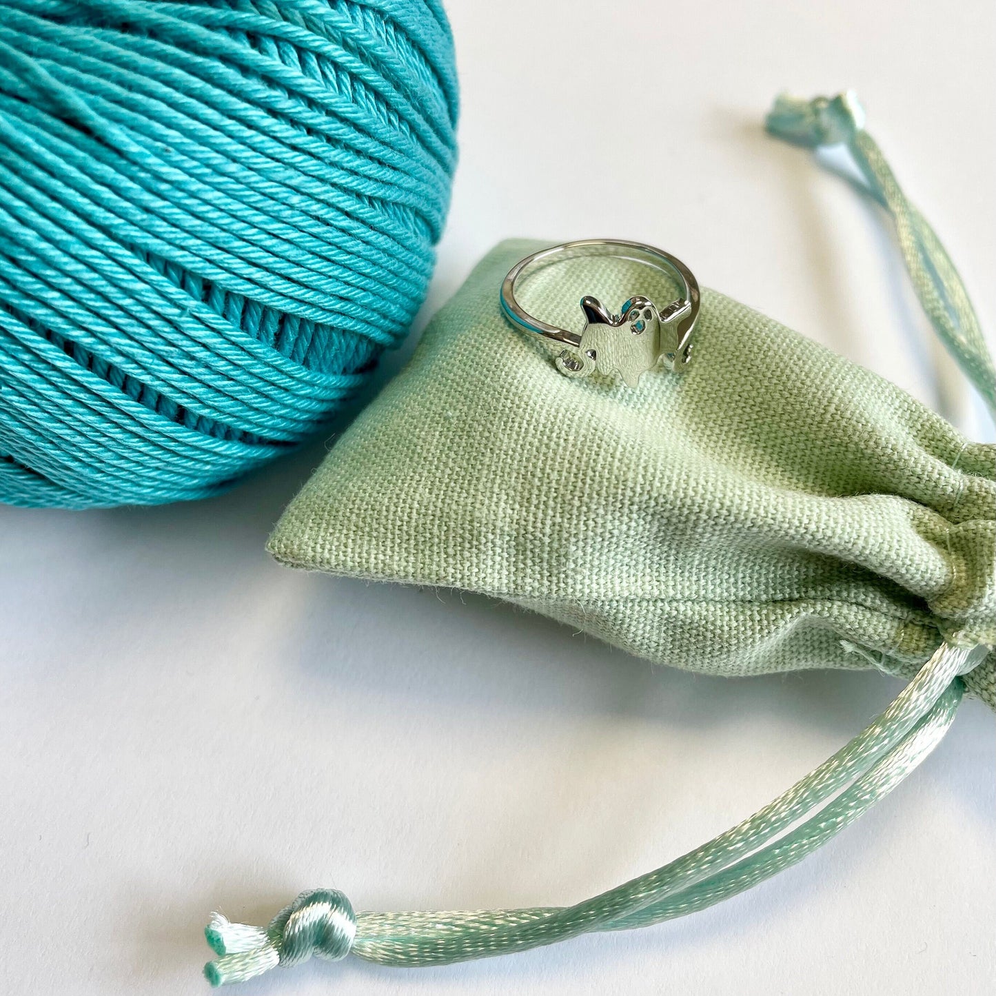 Tiny floating Ghost Silver Plated Crochet Ring. Adjustable size for crochet tension and comfort.