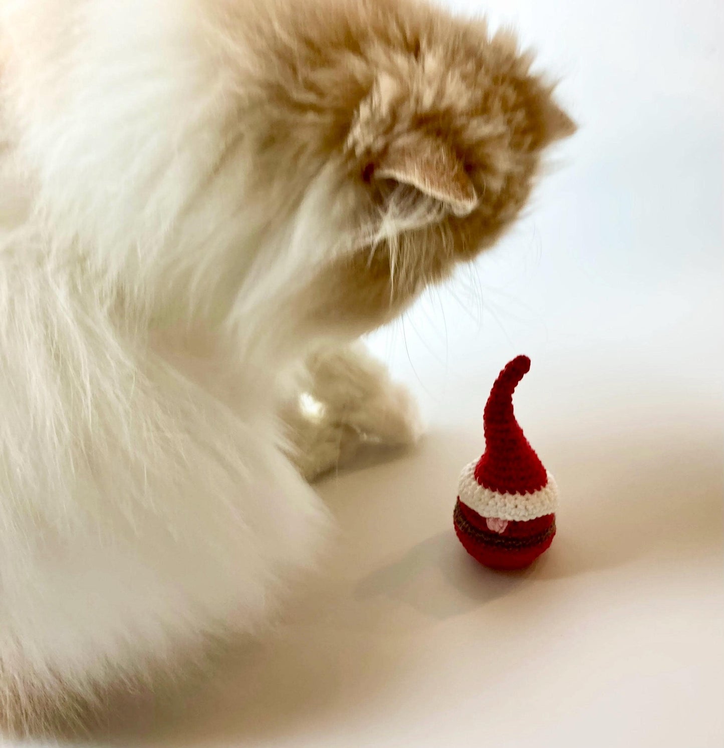 Christmas Cat Toy Crochet Kit. Everything you need to make your cat a Festive Gonk Toy in luxury Cotton Yarn with a Bell & Organic Catnip.