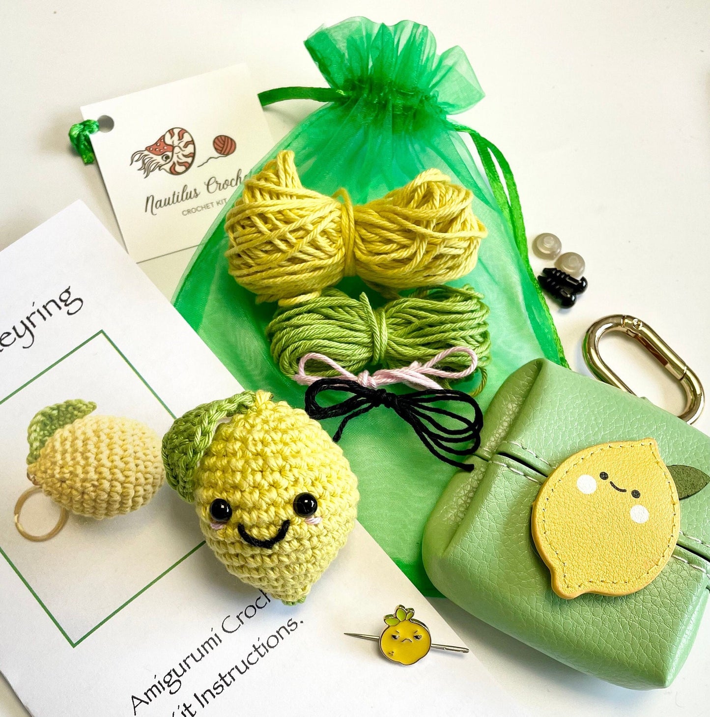 Lemon Amigurumi Crochet Keyring Kit / Bag Charm Kit. Contains Keyring Kit, Magnetic Needle Keeper & Vegan Leather Pouch.