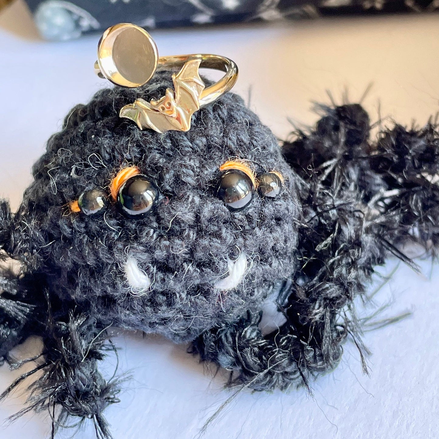 Bat & Moon Recycled Bronze Crochet Ring. Adjustable for crochet tension and comfort.