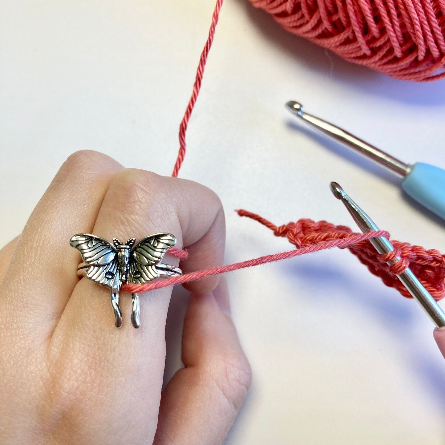 Luna Moth Crochet Ring. This gorgeous furry moth features in this one size crochet ring, for tension and comfort.
