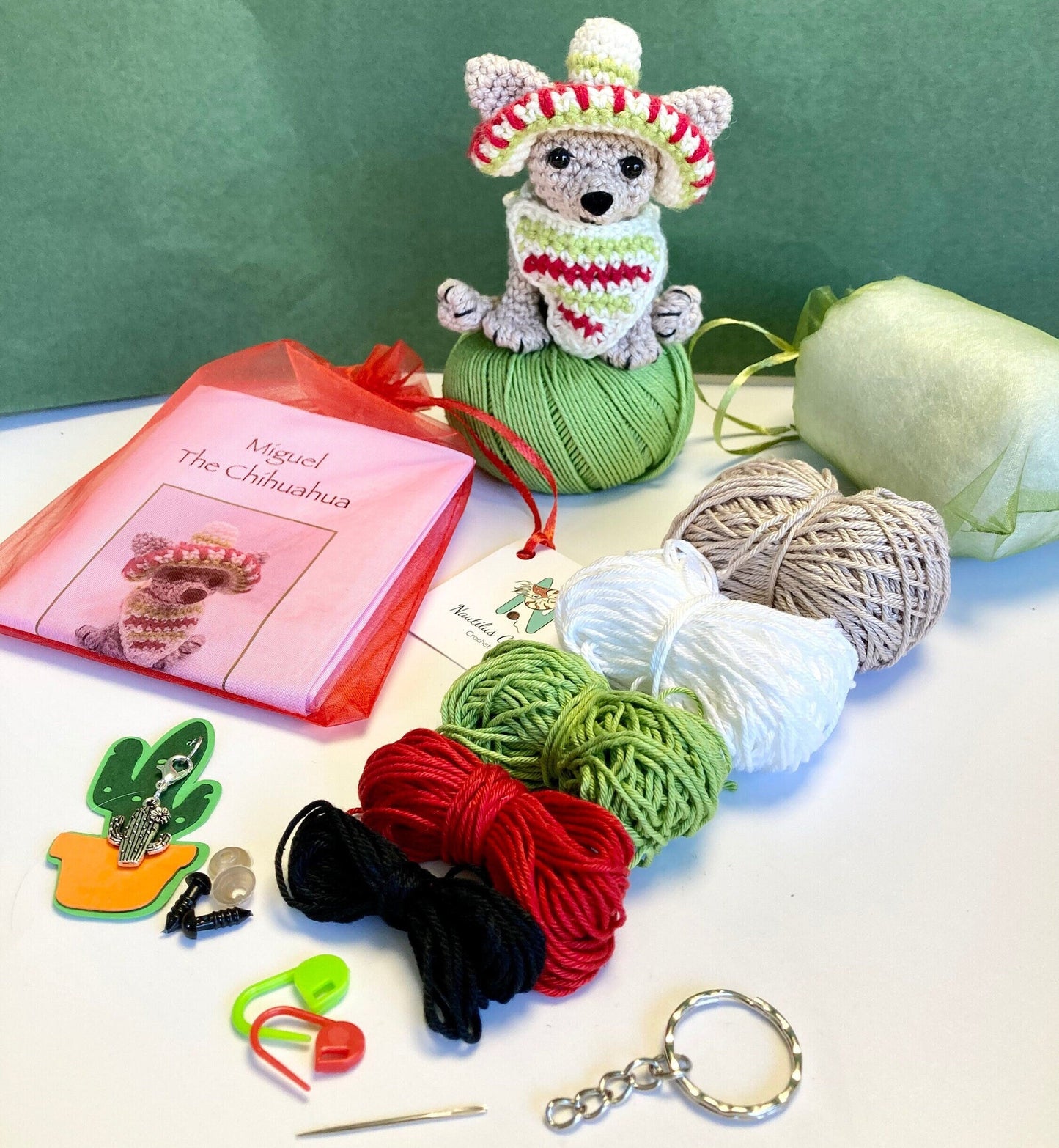 Miguel the Chihuahua Amigurumi Kit. Complete Kit with Luxury Cotton Yarns, Silver- plated Cactus Stitch-marker & accessories.