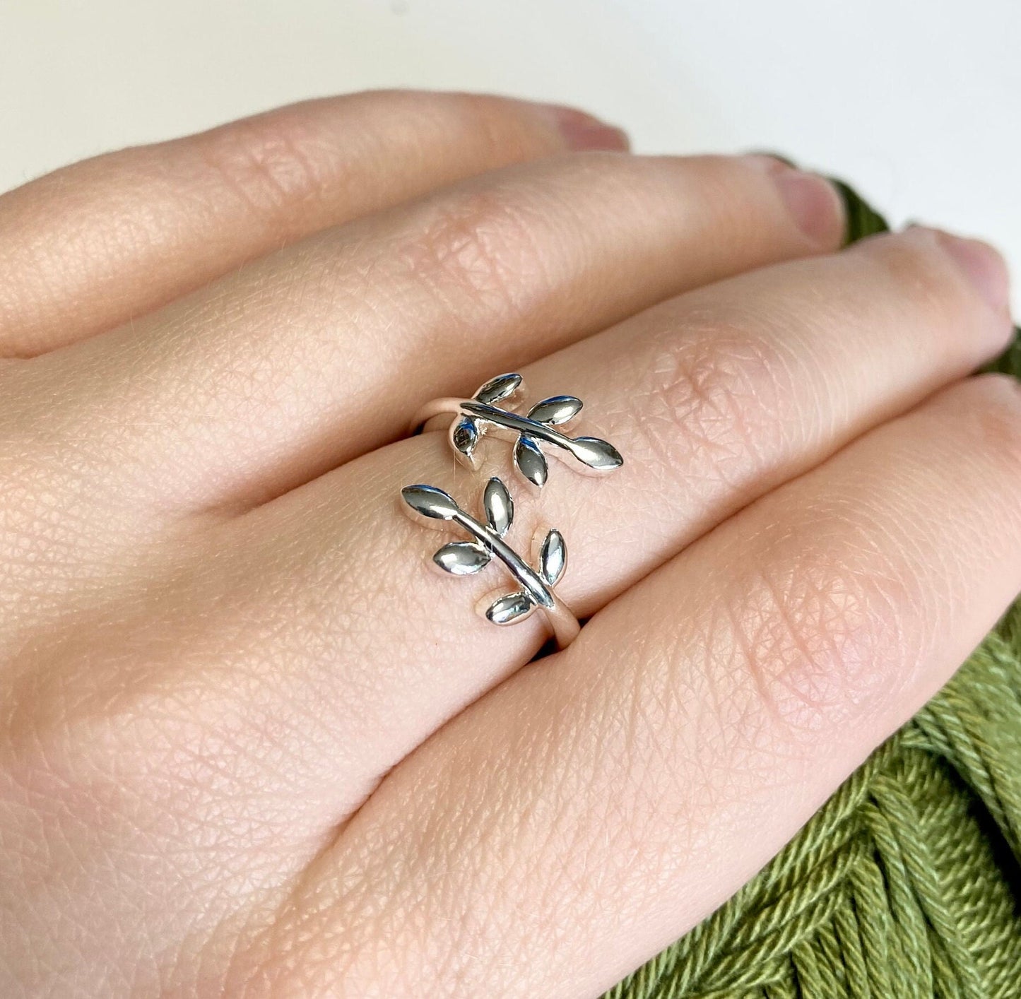 Olive Leaves Crochet Ring. Olive leaves feature in this silver plated, adjustable ring for crochet tension and comfort.