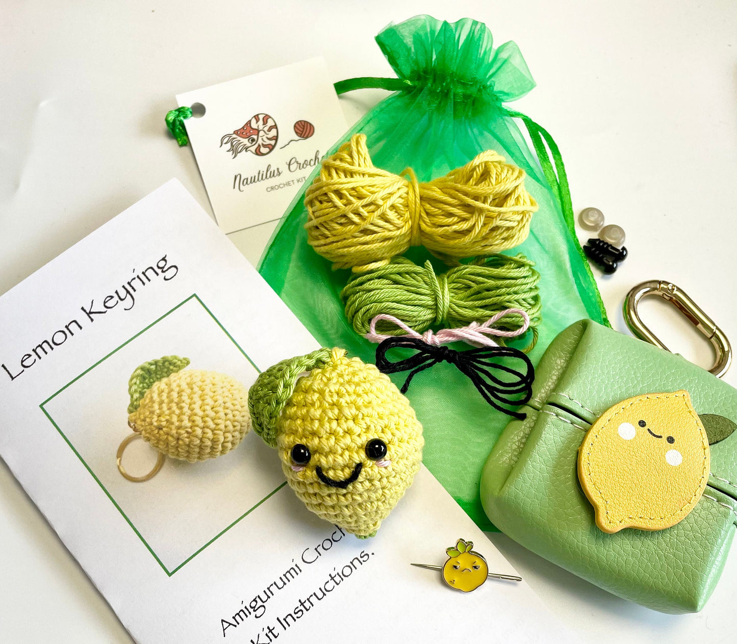 Lemon Amigurumi Crochet Keyring Kit / Bag Charm Kit. Contains Keyring Kit, Magnetic Needle Keeper & Vegan Leather Pouch.