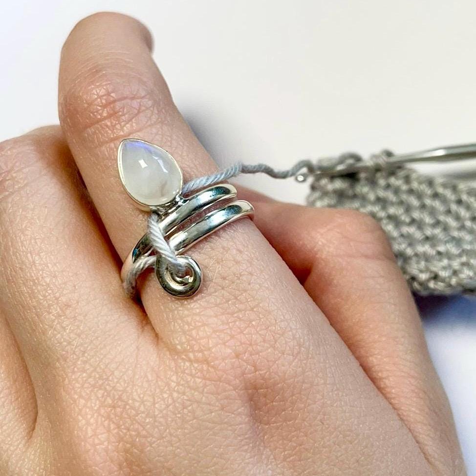 Handmade Teardrop Moonstone Sterling Silver Crochet Ring. Adjustable for crochet tension and comfort. Handmade for Nautilus Crochet.