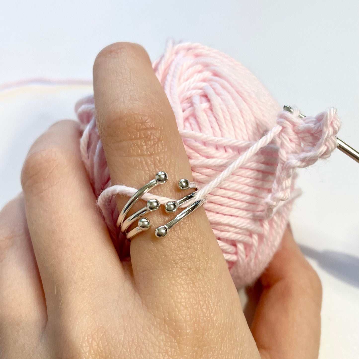 Celestial Orbs Handmade Sterling Silver Crochet Ring. Adjustable for crochet tension and comfort. Handmade Silver for Nautilus Crochet.