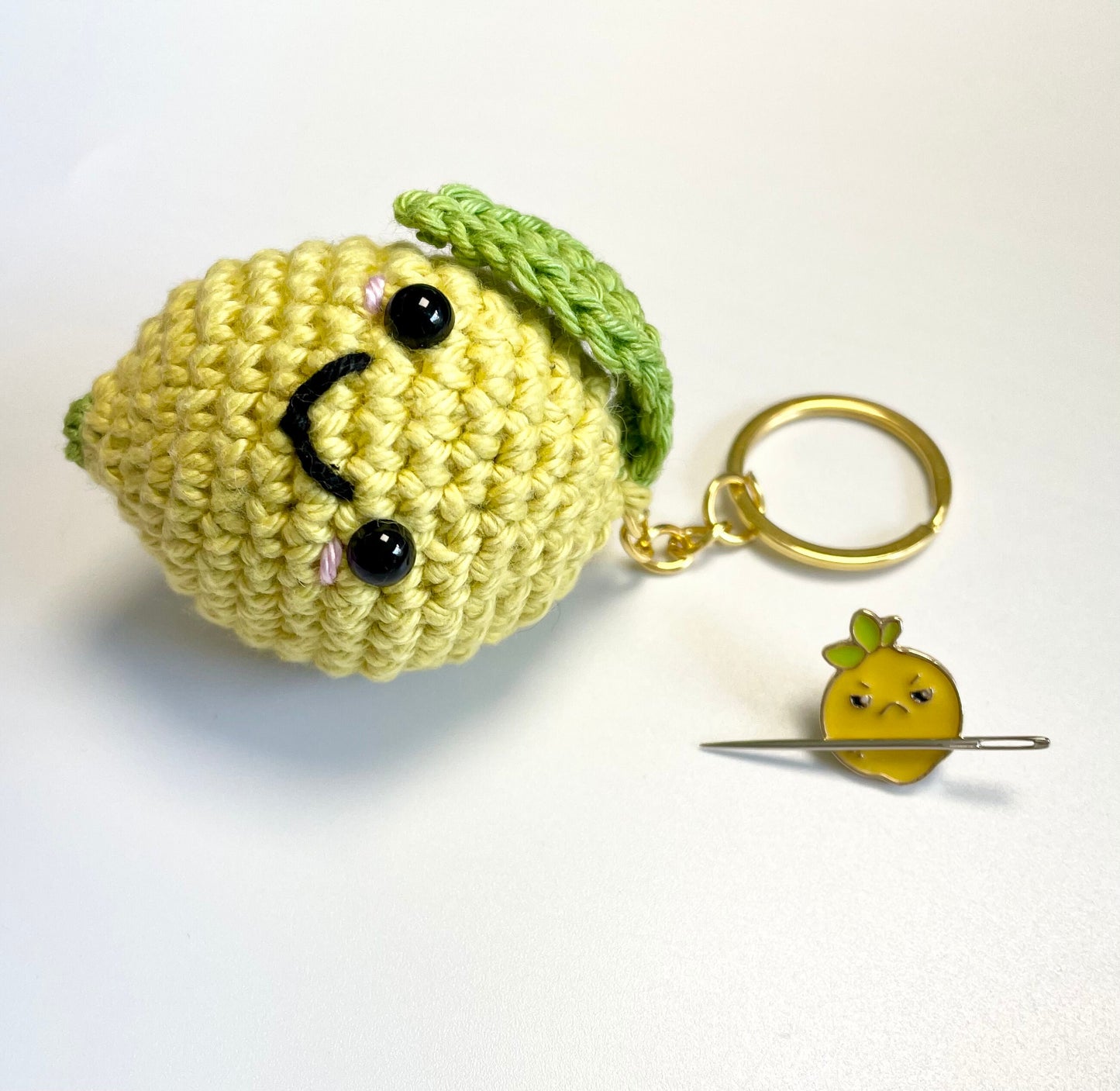 Lemon Amigurumi Crochet Keyring Kit / Bag Charm Kit. Contains Keyring Kit, Magnetic Needle Keeper & Vegan Leather Pouch.