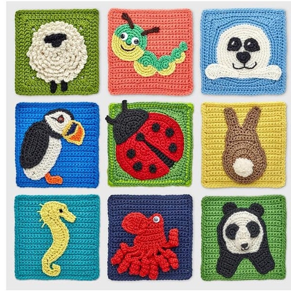 Crochet Granny Squares Animal Kit. Patterns for 40 Animal Squares, Blocking Board, 12 Balls of our Wonderful UK made Yarn & Crochet Hook