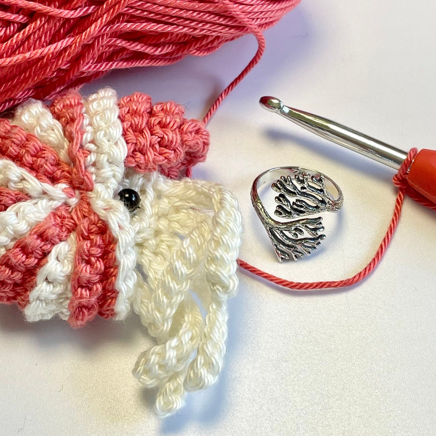 Coral Sterling Silver Crochet Ring. Adjustable for crochet tension and comfort. Handmade in Recycled Silver.