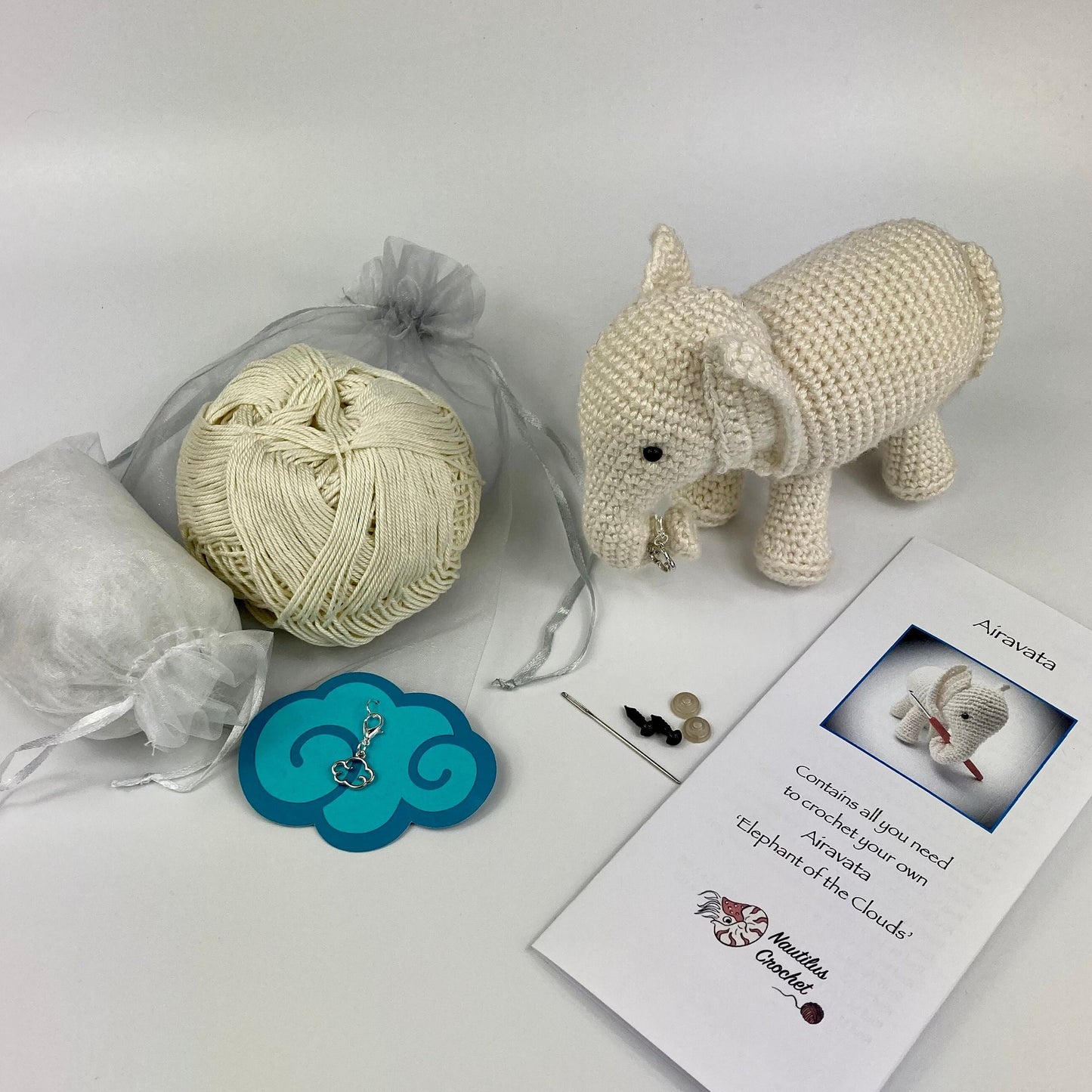 Baby Airavata, Elephant of the Clouds Crochet Kit. Includes full instructions, our luxury British yarn & accessories.