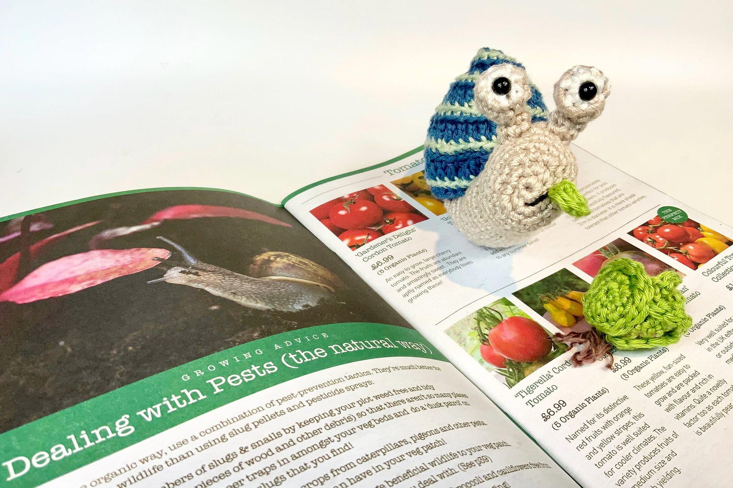 Snail’s Salad! Snail & Salad Complete Crochet Kit. Luxury British yarns, step by step instructions, cute snail stitch marker.