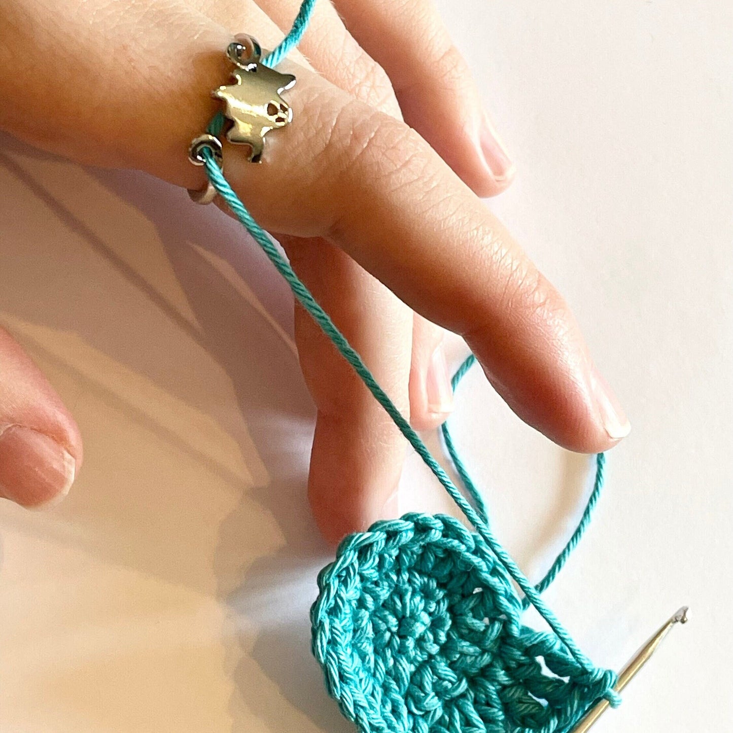 Tiny floating Ghost Silver Plated Crochet Ring. Adjustable size for crochet tension and comfort.