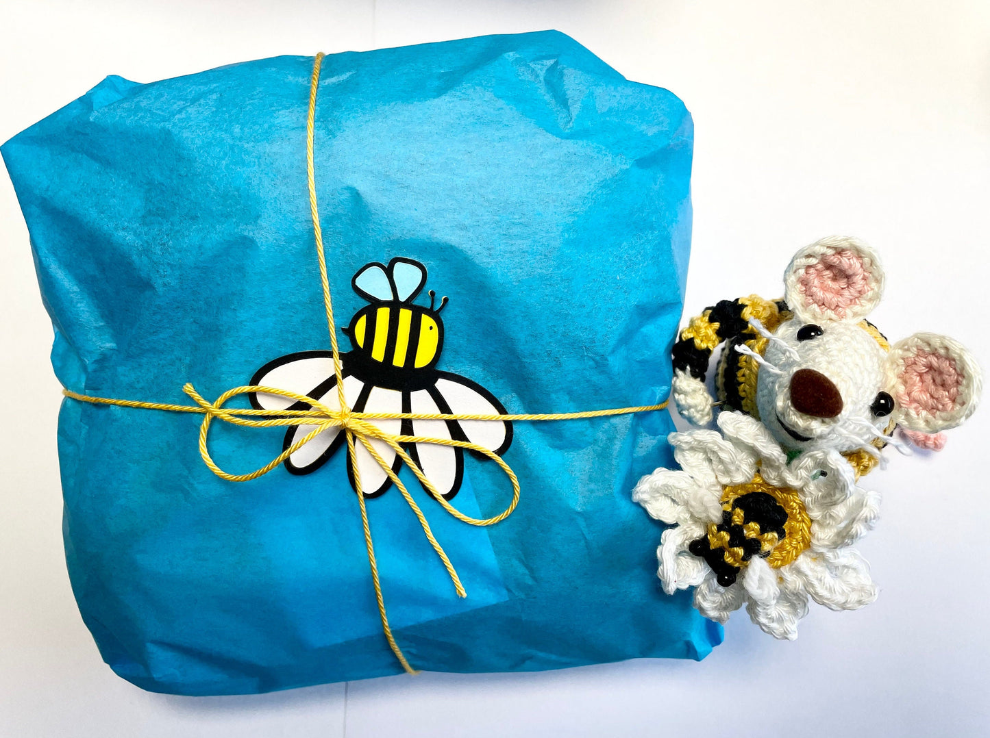Boo, Honey Mouse Edition! Complete Amigurumi Crochet Kit featuring Boo, her Honey Pot, Daisy & Bees. Spring Gift!