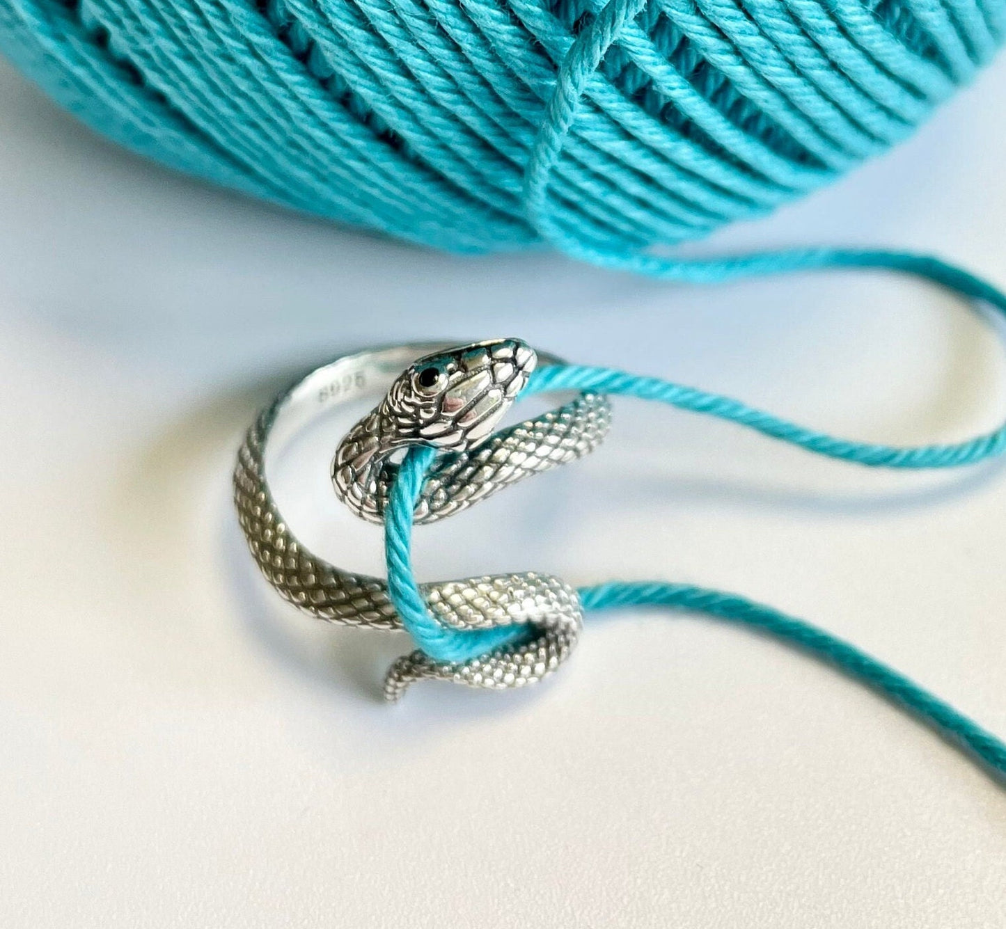 Snake Crochet Ring. Sterling Silver adjustable size snake ring. Tension & comfort ring for right and left handed crocheters. Medusa Ring.