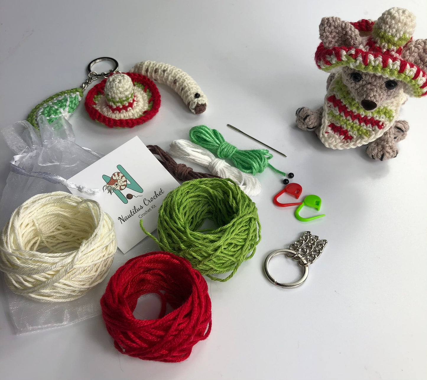 Tequila inspired keyring! Sombrero, Lime and a Happy Tequila Worm! Full kit with luxury British yarns.