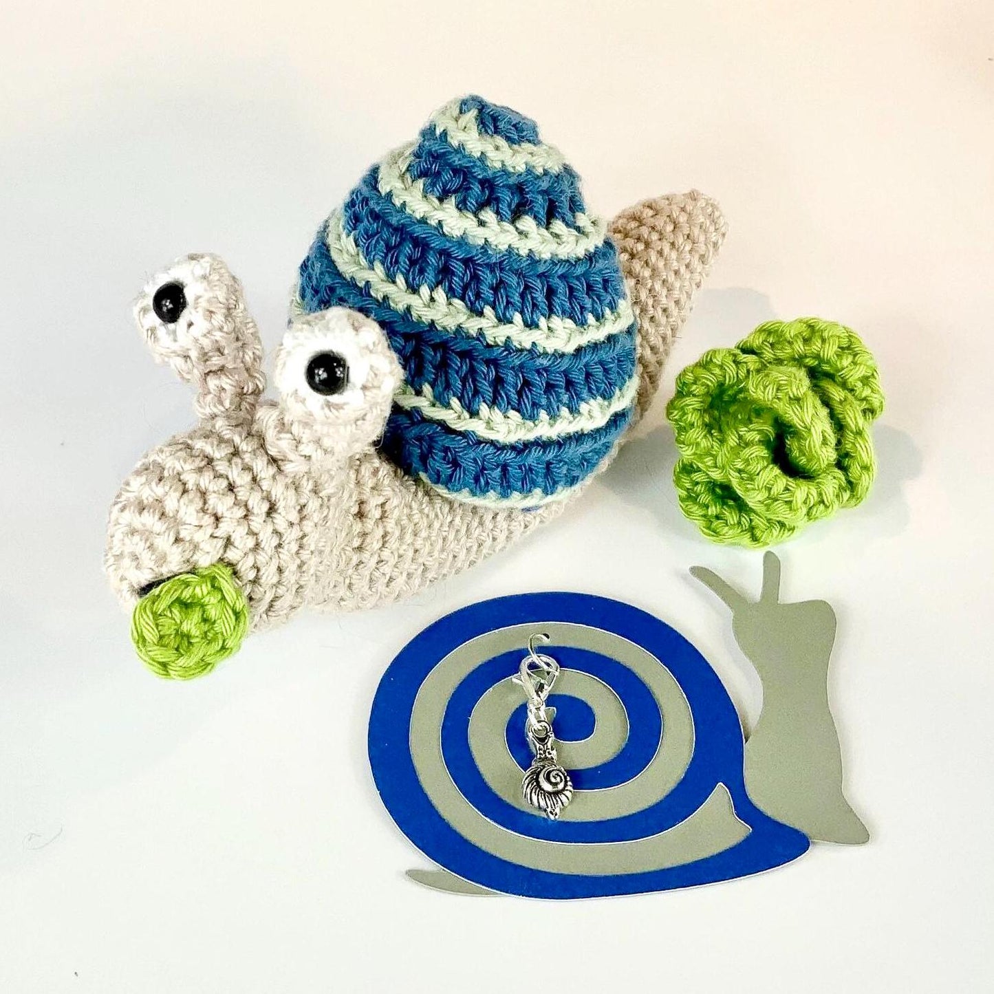 Snail’s Salad! Snail & Salad Complete Crochet Kit. Luxury British yarns, step by step instructions, cute snail stitch marker.